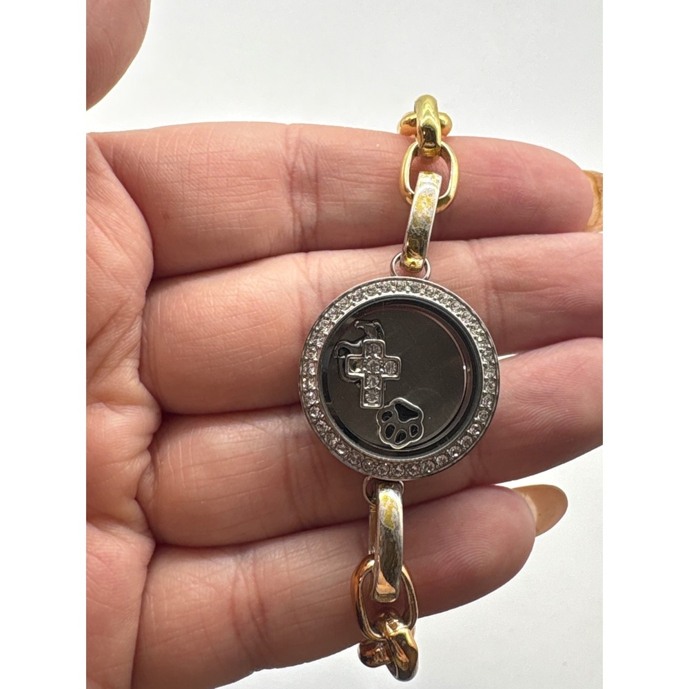 Origami Owl Floating Charm Bracelet Cross Paw Crown‎ Two Tone Gold Silver